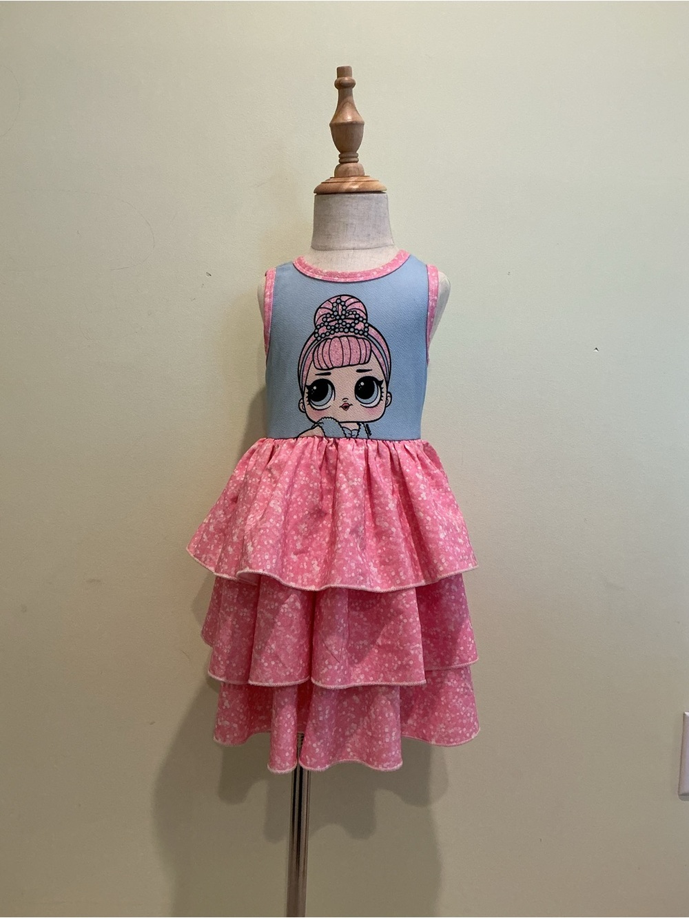 PatPat Pink Tiered Ruffle Dress with Blue Graphic Bodice